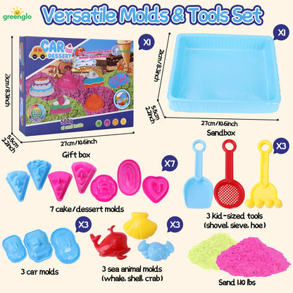 greenglo Kids Sensory Magic Sand Playset - 1.10 Lbs Color Sand Kit, 16 Pcs Molds (Cake/Dessert, car, sea Animal) & Tools, Ideal Sensory Bin for Boys & Girls Ages 3-8