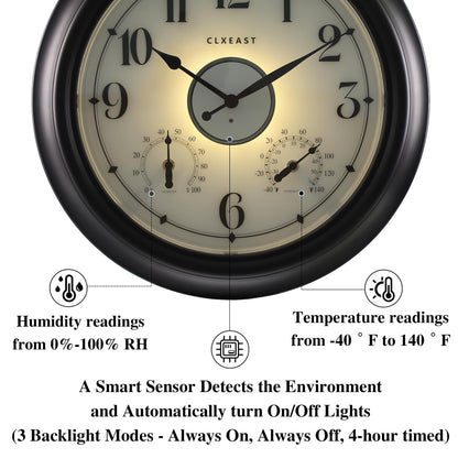 CLXEAST Illuminated Indoor Outdoor Clocks Waterproof 18 inch with Smart Night Light Sensor,Large Wall Clock with Thermometer & Hygrometer,Oil Rubbed Bronze Black,Spring Outdoor Decor