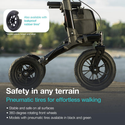 Helavo All Terrain Walker Rollator with 12” Pneumatic Tires – Foldable Outdoor Walkers for Seniors with Seat, Lightweight & Adjustable Height, Shock-Absorbing for Comfort on Any Surface