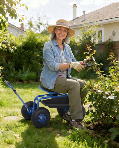 Heavy Duty Garden Cart, Garden Scooter Rolling Work Seat, 360° Swivel with 10-Inch All-Terrain Inflatable Tires, Extendable Steering Handle & Metal Tool Tray for Planting, Weeding, Yard Work