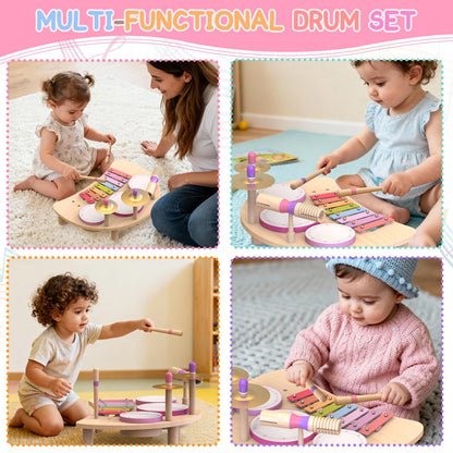 Kids Drum Set Montessori Musical Instruments for Toddlers 1-3, Wooden Baby Drum Kit with Xylophone, Preschool Music Toys for Early Learning, Educational Birthday Gift for Boys Girls (Pink)
