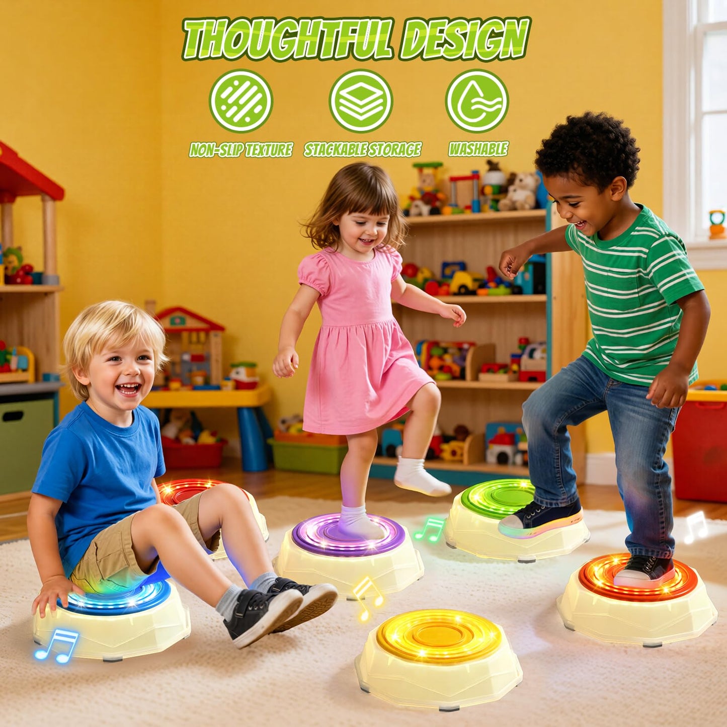 Light Up Stepping Stones for Toddlers 3-5 - 6 PCS Non-Slip Musical Stackable Step Stones, Toddler Obstacle Course Sensory Toys, Indoor Outdoor Jumping Play 1-3 Years Old Boys Girls Birthday Gifts