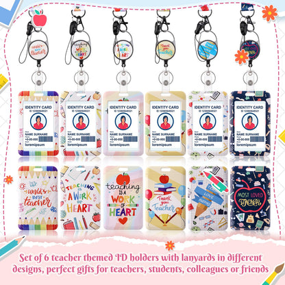 Geyoga 6 Pack Christmas Teacher ID Badge Holder with Breakaway Lanyard Pencil Book Cute ID Badges with Retractable Clip Card Holder Keychain for Women Christmas Gifts (Cute)