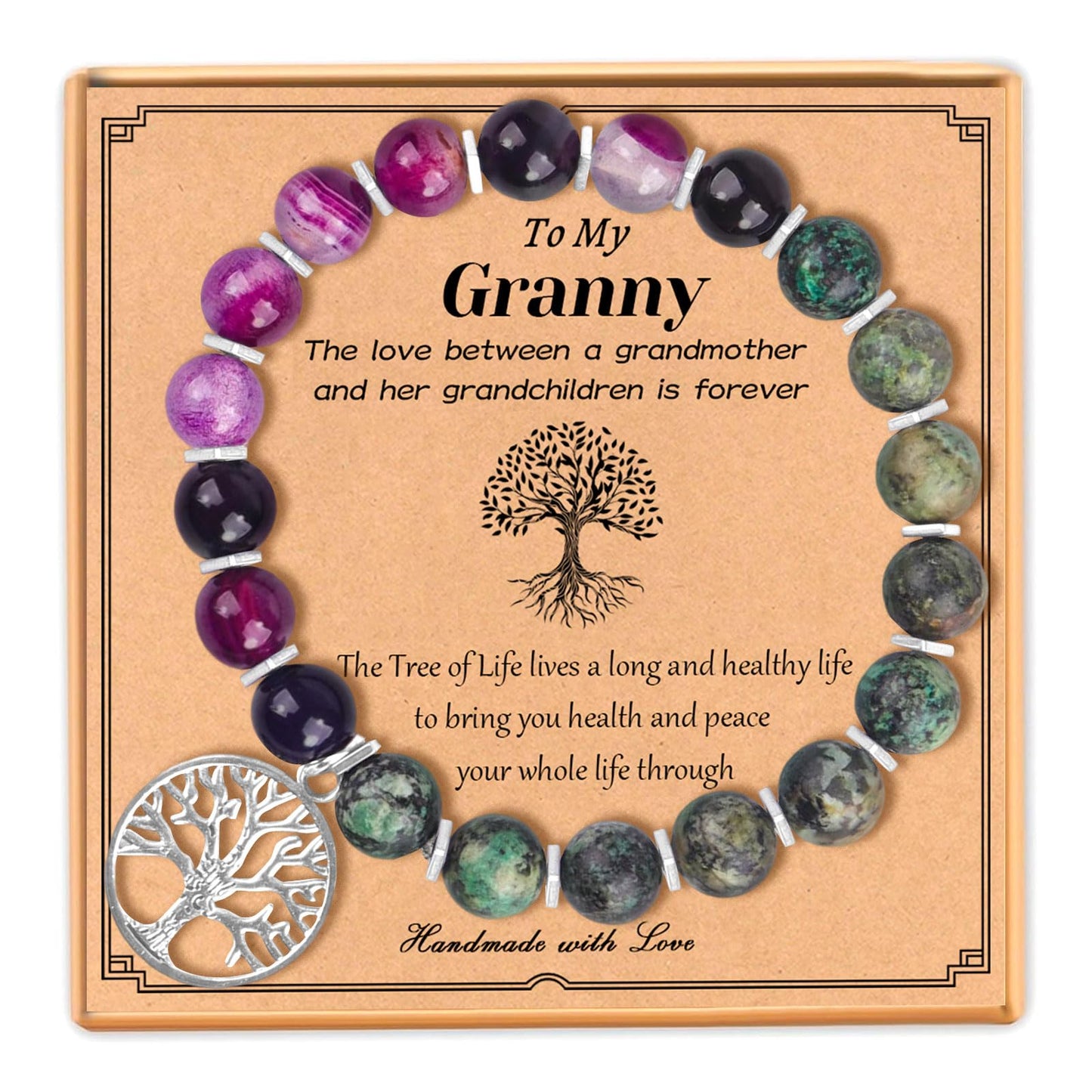 Mother's Day Gift Tree of Life Charm Bracelet for Granny 8mm Natural Healing Crystals Beads Stretch Bracelet Mom Birthday Gifts