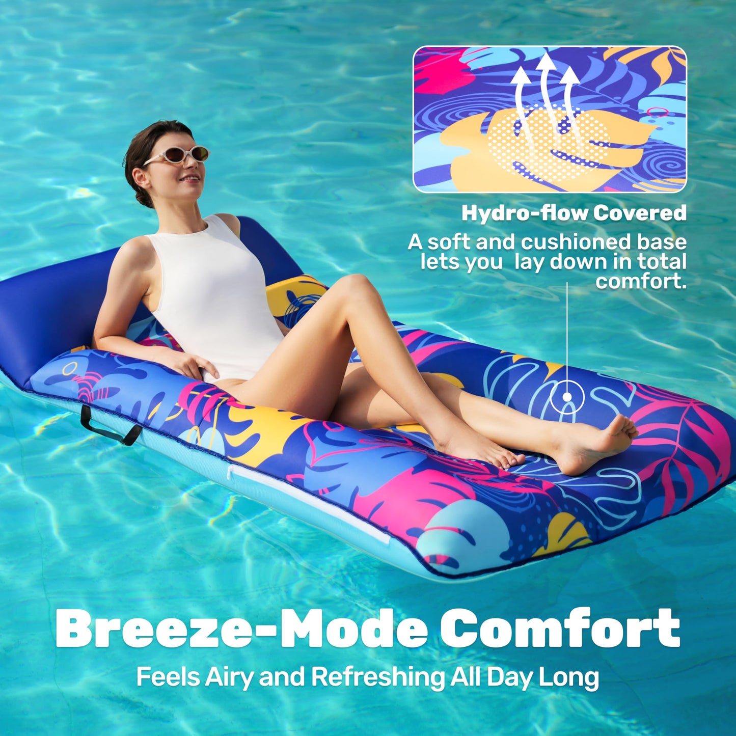 Sloosh Inflatable Pool Floats Raft - XL Fabric Covered Pool Mat Lounger Floaties for Adults, Ultra Comfort Inflatable Water Float with Headrest for Beach Lake Swimming Pool Floating 68"X34" (Blue)