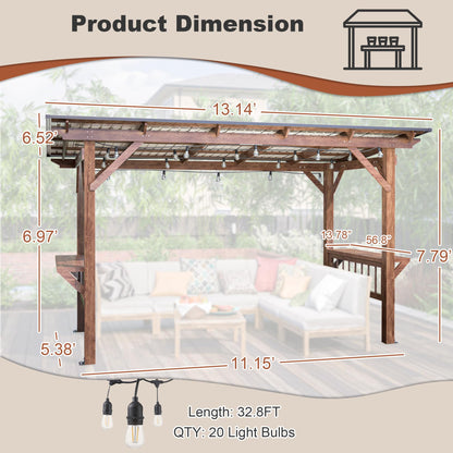 KEIKI 13' x 6.5' Wooden Grill Gazebo Metal Roof, Bulbs, Bar Counters, Patio Hardtop Grill Pergola, BBQ Canopy for Lawn, Garden, Outdoor Patio, Backyard