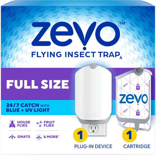 Zevo Flying Insect Trap & Cartridge - Plug in Fly Trap & Indoor Bug Catcher for Gnats, House & Fruit Flies - Mess-Free - Use in Any Room - Uses Blue & UV Light (1 Plug in Device & 1 Cartridge)