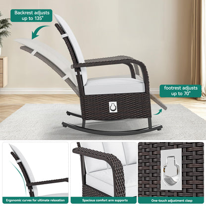 YITAHOME Outdoor Rocking Chair, Wicker Lounge Chair with Adjustment Backrest, PE Rattan Patio Recliner with Adjustable Footrest and Soft Cushions, Ideal for Garden Backyard Porch Patio