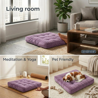 Meditation Cushion Set of 2, Floor Cushions for Adults, Velvet Floor Pillows for Sitting, Tufted Seat Cushions for Yoga, Living Room, Bedroom & Reading Nook, Machine Washable, 22 x 22 Inch, Lavender