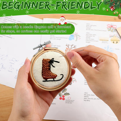 Zsdios Christmas Embroidery Kit,Embroidery Christmas Ornament Kits, Complete Needlepoint Starter Set, Hand Embroidery Ornament Kit for Beginners with Easy & Instructions (14 Pcs Red Set)