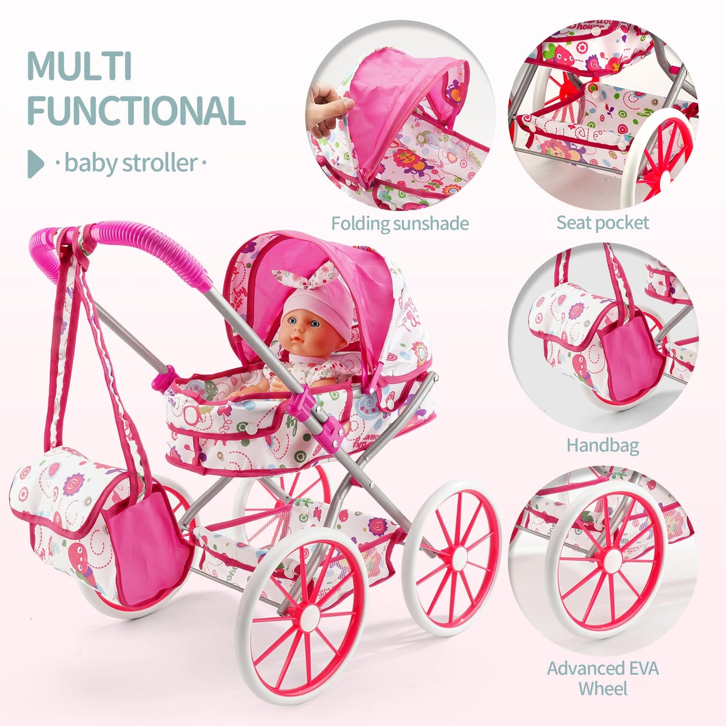 Baby Doll Stroller Toys Set W/ 13'' Baby Doll, Doll's Bed, Dining Chair, 26 PCS Doll Accessories & 2 Set Clothes, Baby Stroller Toys for 3 4 5 Year Old Girl Birthday Gift, Pretend Playset for Toddler