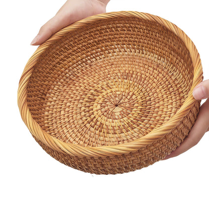 9.2" Medium Round Rattan Wicker Bread Basket, Natural Fruit Basket for Kitchen Counter, Hand Woven Food Baskets, Artisanal Bread Baskets for Serving, Fruit, Vegetable, Snack, key, Etc.
