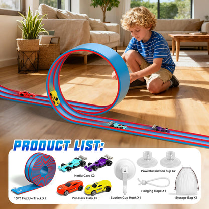 Sunrad 15Ft Flexible Race Car Track Toys for Kids with 4 Car & Suction Cups, Flex Tracks Starter Set Compatible with 1:64 Diecast Cars Portable Rolls Up DIY Racetrack, Gift for Boys Girls Age 3-5 4-8+