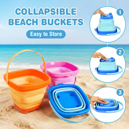 Dreamon Beach Toys for Kids 3-10, Collapsible Sand Castle Toys for Beach Include 3 Pack Foldable Buckets, Shovels Molds and Storage Mesh Bag, Sandbox Travel Toy for Toddlers Kids