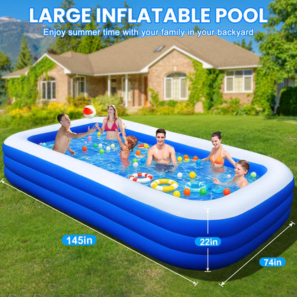 Oversized Inflatable Pool for Adults, 145" x 74" x 22" Extra Large Blow Up Family Swimming Pool, Durable Thickened Above Ground Pool for Backyard, Outdoor, Garden, Summer Water Party