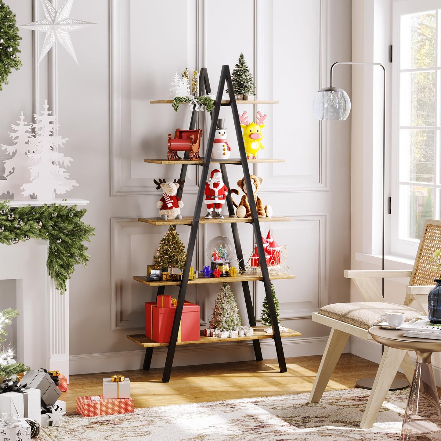 YOUDENOVA 5-Tier Ladder Bookshelf, Industrial A-Shaped Bookcase, Christmas Village Display Stand, Tall Ladder Shelf Storage Organizer for Living Room, Home Office, Black