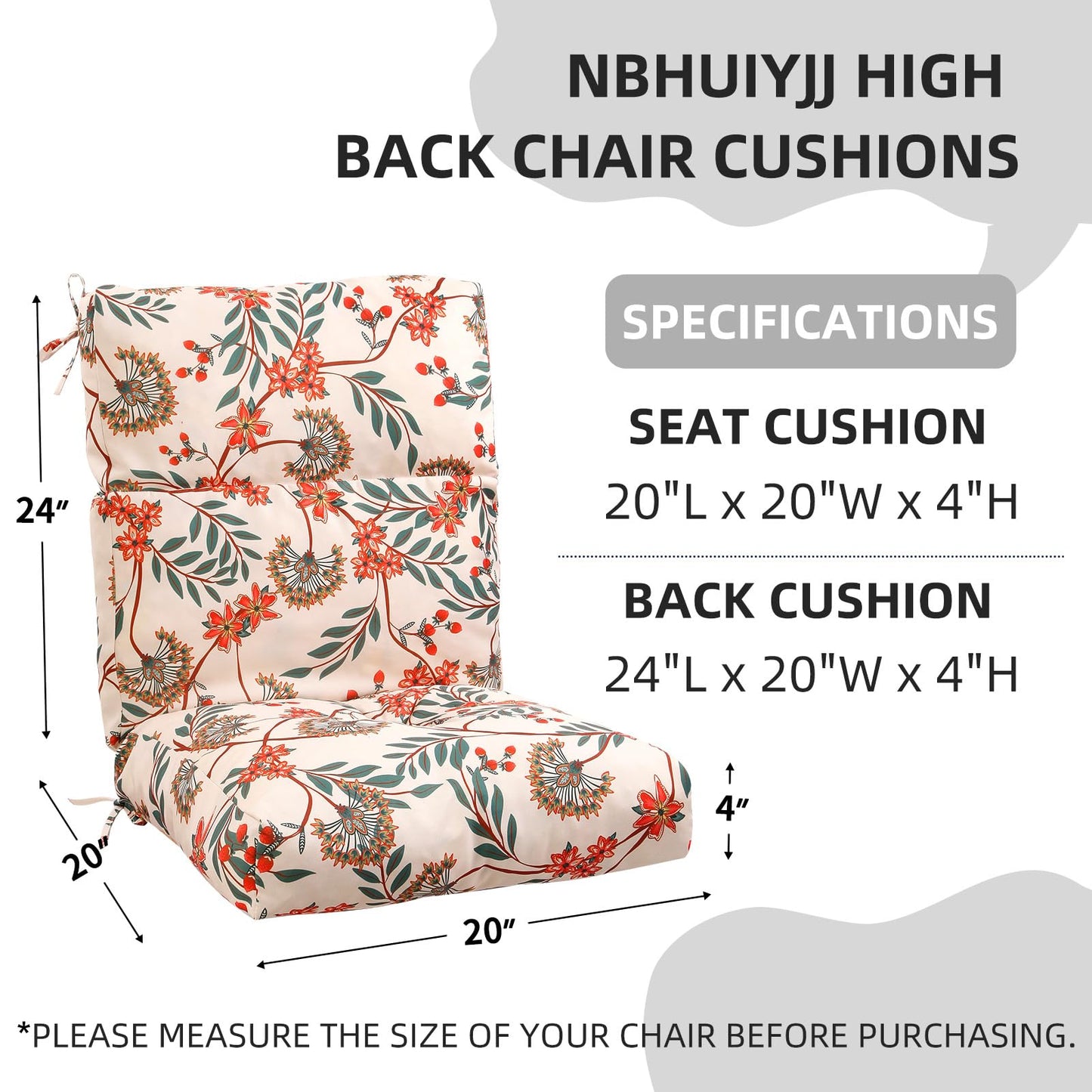 NBHUIYJJ High Back Chair Cushion, 44" x 20" UV Resistant & Water-Repellent Patio Furniture Chair Pads with Non-Slip Ties for Rocking Chairs, Adirondack, Dinning Chairs, Flower Red, 2Pcs