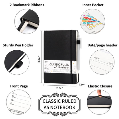 24 Pack Journal Notebook for Work, Feela Business Notebook Bulk Hardcover Lined Writing Journal with Pen Holder for Men Women Note Taking, with 24 Black Pens, 120 GSM, 5.1”x8.3”, A5, Black