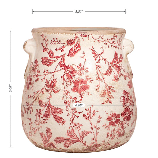 Antique Ceramic Planter & Vase for Home Decor, 6.68 Inch Rustic Farmhouse Flower Pot with Drainage Hole for Indoor Plants, Vintage Decoration for Bookshelf & Tabletop, Unique Gifts for Women (Red)