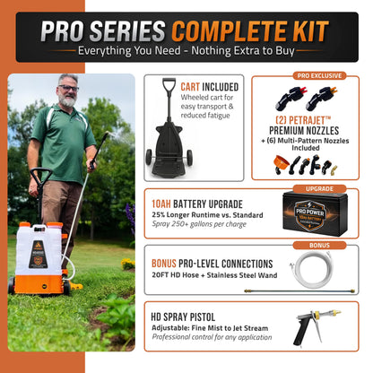 PetraTools Battery Powered Backpack Sprayer 4 Gallon - 8 Hours Long Battery Life & Padded Straps for Comfort - HD4000 Electric Backpack Garden Sprayer with 9 Spray Nozzles (HD4000 ProSeries with Cart)