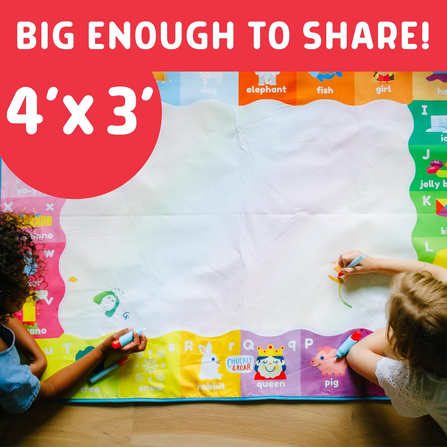 Chuckle & Roar Jumbo Water Doodle Mat – 4ft x 3ft Mess-Free Water Coloring Play Mat for Kids Ages 3+, Reusable Arts & Crafts Set with Brush Pens, Markers & Art Sponges