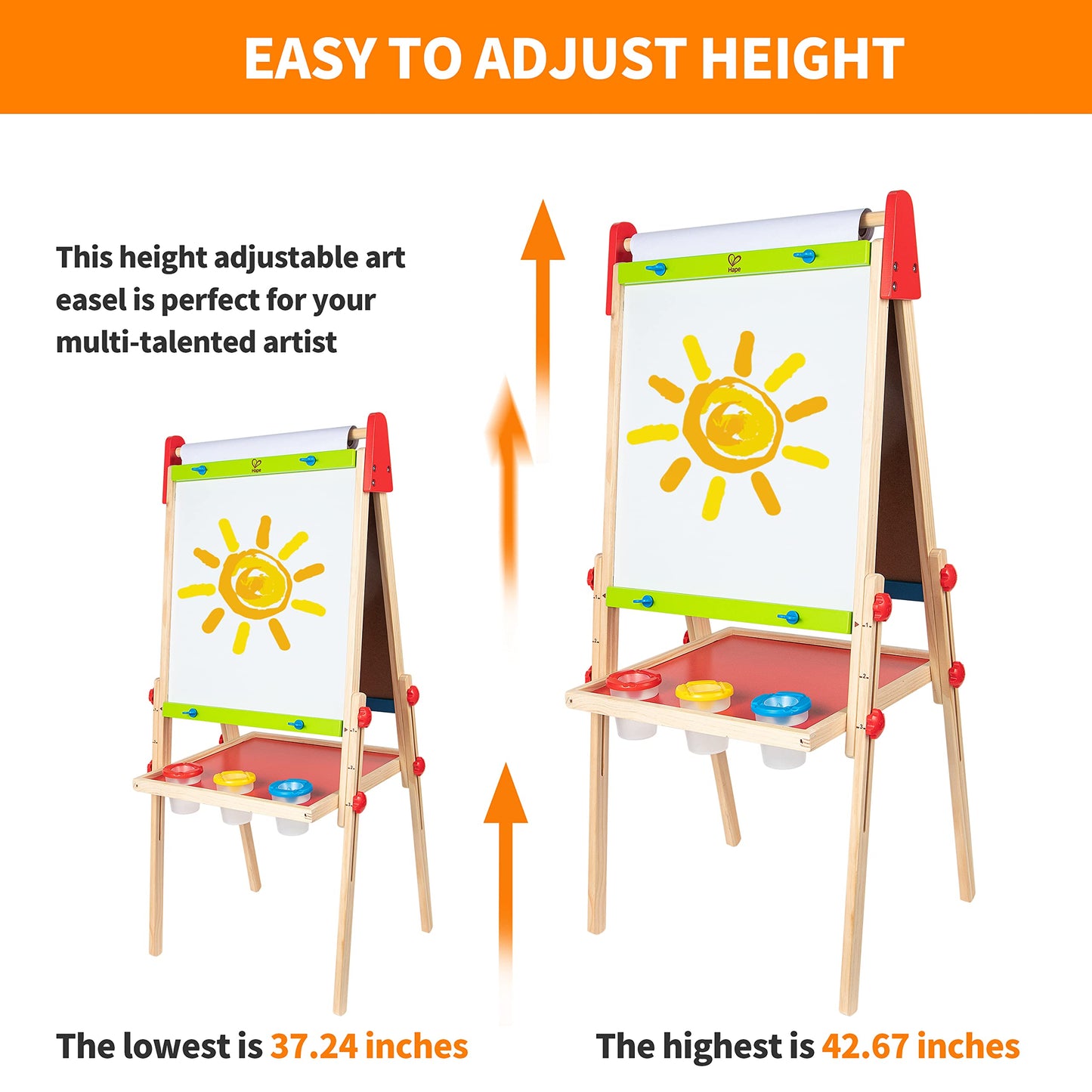 Hape E1010 Magnetic All in 1 Kids Height Adjustable Drawing Dry-Erase Chalkboard Wooden Artist Easel with 3 Paint Pots and Refillable Paper Roll