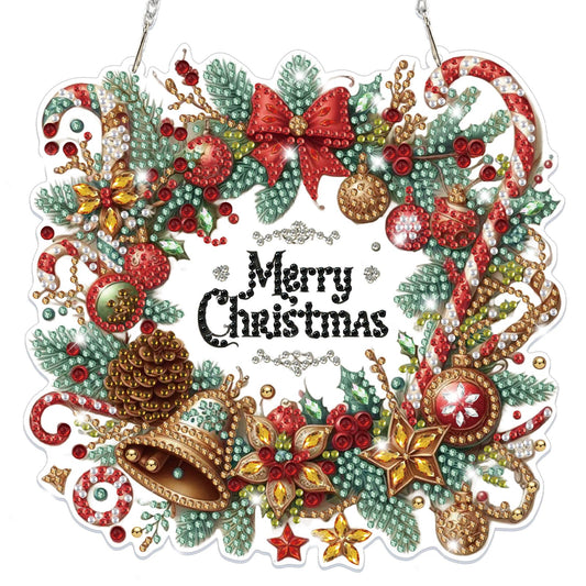 Bowetile Merry Christmas Diamond Art Hanging Wreath Kits for Adults, Diamond Art Suncatchers, 5D Special Shape Diamond Painting Pendant Window Ornament Christmas Gifts for Home Door Wall Decor