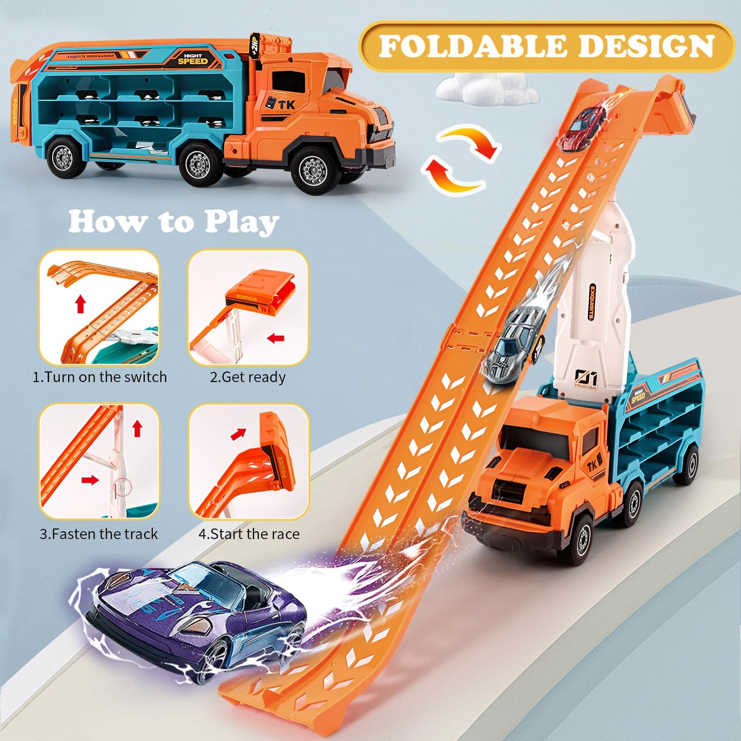Toddler Car Truck Toys,Car Carrier Truck Toy for Kids Age 3-5 4-8,Foldable Car Track Sets with 2.8-Ft Race Track and 6 Die-Cast Race Cars, Truck Toys Gifts for 3 4 5 6 7 8+ Year Old Boys Girls(orange)
