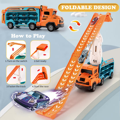 Toddler Car Truck Toys,Car Carrier Truck Toy for Kids Age 3-5 4-8,Foldable Car Track Sets with 2.8-Ft Race Track and 6 Die-Cast Race Cars, Truck Toys Gifts for 3 4 5 6 7 8+ Year Old Boys Girls(orange)