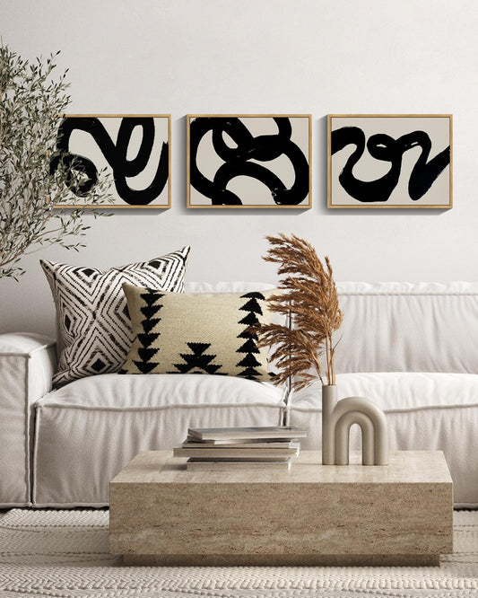 PHOPAGO Black Abstract Wall Art Ink Wash Minimalist Lines Framed Canvas Painting Artwork 11x14in Natural Framed