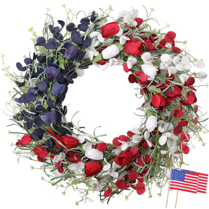 MAINGKAUNG Patriotic Wreath 22 Inch 4th of July Wreath Patriotic Wreaths for Front Door with Red White Blue Flag Tulip Eucalyptus Leaves for American Independence Day Memorial Day Flag Day Decor
