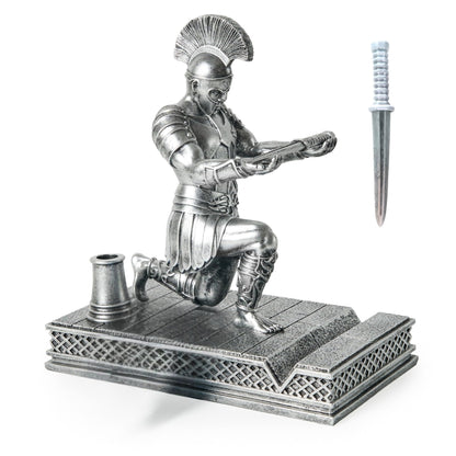FUNIS Knight Pen Holder for Desk - Medieval Roman Knight Statue with 2 Pen Slots and Phone Stand - Cool Desk Decor for Men - Unique Executive Gift for Him