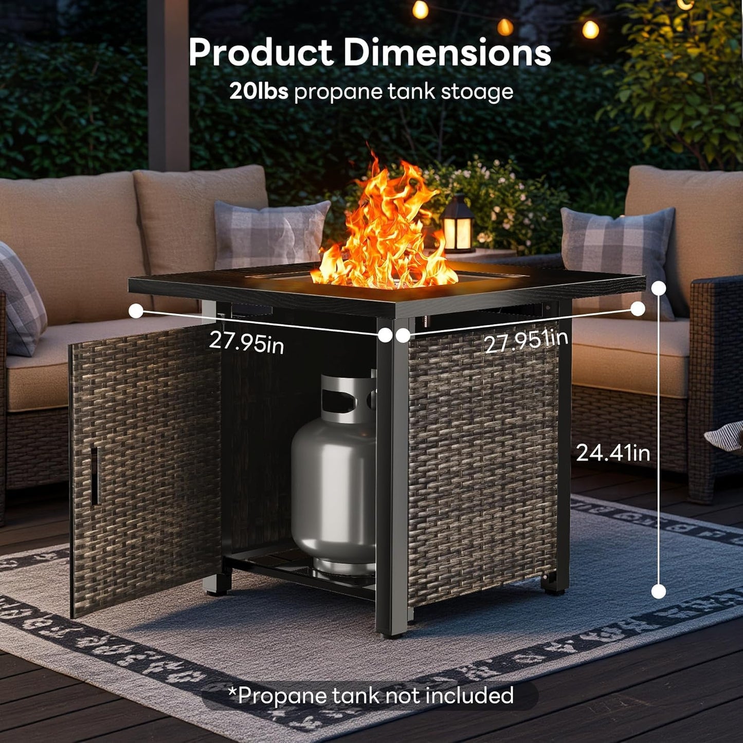 28 Inch Outdoor Propane Fire Pit Table, 50000 BTU Square Rattan Propane Fire Pit with Steel Tabletop & Removable Lid, 4-in-1 Gas FirePit Table with Glass Stones for Patio, Backyard