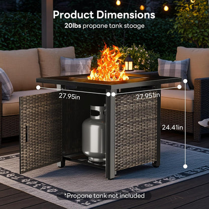 28 Inch Outdoor Propane Fire Pit Table, 50000 BTU Square Rattan Propane Fire Pit with Steel Tabletop & Removable Lid, 4-in-1 Gas FirePit Table with Glass Stones for Patio, Backyard