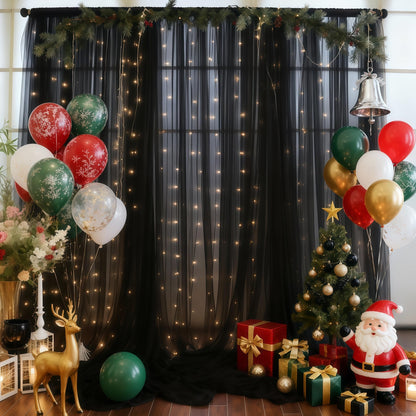 10×10ft Black Tulle Backdrop Curtain with Lights String for Parites, Sheer Photo Backdrop Curtains for Wedding Party Photography Background