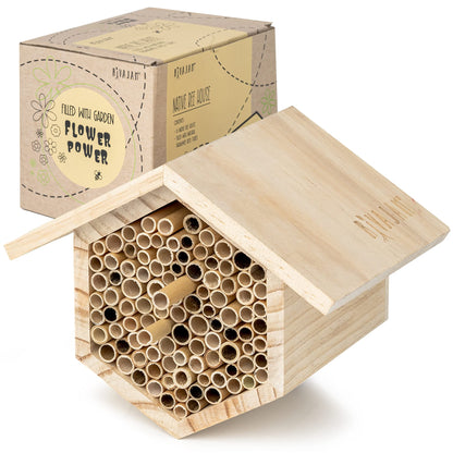 Rivajam Mason Bee House Wax Coated Nesting Bee Box | Refillable Phragmite Reed Mason Bee Tubes Filled Pollinator House | Mason Bee Houses for the Garden