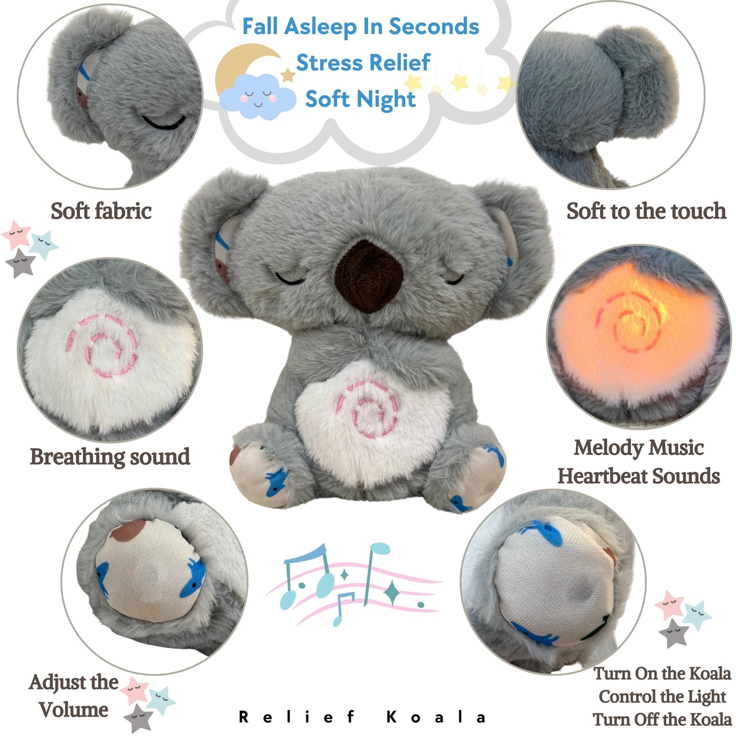 JULIDREAM Anxiety Relief Koala, Breathing Teddy Bear with Calming Music, Lights, Sleeping Otter Plush, Soothing Koala for Adults & Kids, Stress Relief Stuffed Animal (3-Level Adjustable Volume)