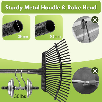 INFLATION Heavy Duty Garden Rake for Leaves for Lawns 65” Length 18” Width Adjustable 25 Tines Sturdy Metal Yard Gardening Leaf Rakes for Women Men with Smooth Comfortable Long Handle