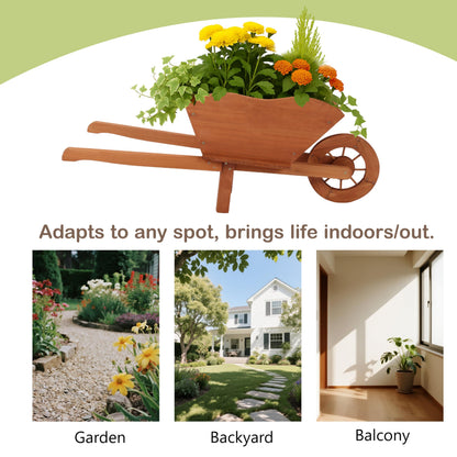 Beipoo Decorative Wooden Wagon Planter Box, Wood Wheelbarrow Planter with Handles, Drainage Hole, Wagon Garden Planter, Flower Cart for Indoor Outdoor Decor