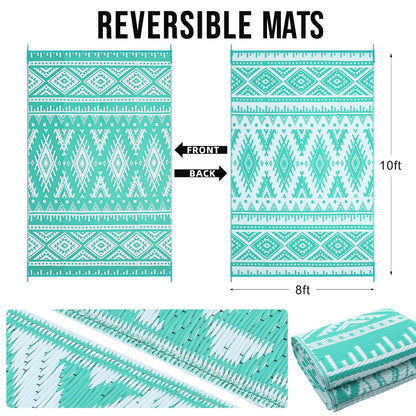 OLANLY Outdoor Rug Waterproof 8x10 ft, Reversible Outdoor Plastic Straw Rug, Boho Patio Rug, Indoor Outdoor Carpet, RV Mat Outside for Patio, Camp, Picnic, Balcony, Deck, Backyard, Turquoise & White