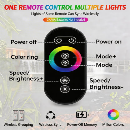 Pond Fountain Aerator Lights RGBW 20000LM LED Fountain Light with 100FT Power Cord AC 120V, 100ft Cable with Controller IP68 Waterproof,Wireless Sync Control with Most Pond Aerators