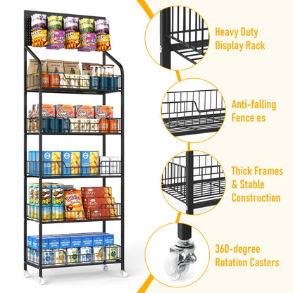 Qriocioa Retail Snack Display Stand,5-Tier Black Metal Storage Shelf Brackets with Wheels & Hooks,Metal Storage Shelves Heavy Duty, Retail Display Shelves Racks,Snack Organizer Stand Display Supplies