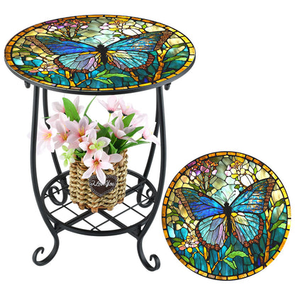 Cinnvoice Outdoor Side Table Round Small Mosaic Patio Accent Indoor End Plant Coffee Tea Table for Yard Patio Porch Garden Living Room, Bedroom(Butterfly Style,14 Inch)