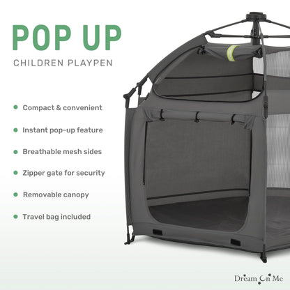 Dream On Me Pop-Up Children Playpen, Instant One-Hand Open & Fold, Breathable Mesh Sides, Zipper Security Gate & Travel Carry Bag, Compact Indoor/Outdoor Baby Play Yard with Canopy - Charcoal