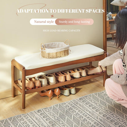 STDDRE Shoe Rack Bench Entryway Bamboo Shoe Storage Bench with Leather Cushion 2 Tiers Shoe Rack Entryway Bench for Hallway, Living Room,Bedroom(Beige Bench top+Brown Frame)