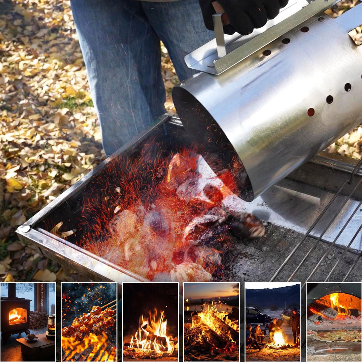 BRIAN & DANY Charcoal Chimney Starter Set for BBQ, Rapid Chimney Starter for Charcoal Grill with Heat Resistant Gloves and Blower, Large-Capacity Design 7.09" x 7.09" x 10.63"
