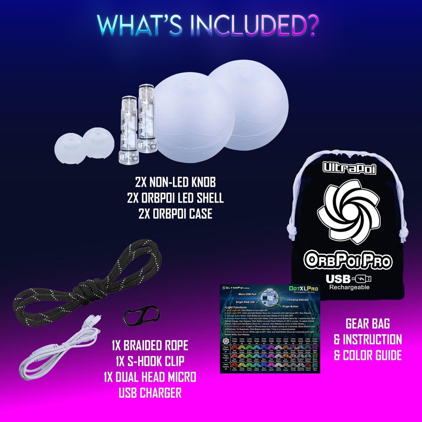 UltraPoi OrbPoi Pro Set - Rechargeable Contact Poi Balls with Non-LED Knob Handles, 40+ Color and Pattern Modes, Soft Durable Cover, Glow Poi & Flow Arts Toy, LED Spin Balls, and Rave Flow Toys