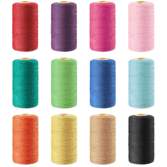 Threlaco 12 Rolls Colored Twine Cotton String 328 Feet/Roll Colored String Bakers Twine for Gift Wrapping Crafts Baking Holiday Decorations DIY Knitting Knotting Craft Project Supplies (Multicolor)