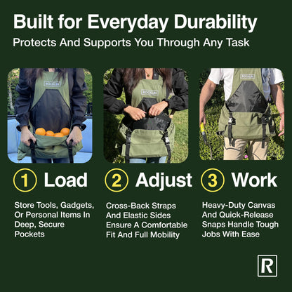 Rocklin Industry Heavy Duty Canvas Garden Apron For Women & Men Waterproof Lining With Deep Harvest Pouch | Green