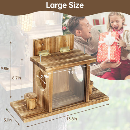 Carbonized Squirrel Feeders for Outside, Funny Chipmunk Feeder, Easy Filling & Cleaning with Removable Front Panel, Durable Outdoor House Box, Attracts Squirrel & Chipmunk